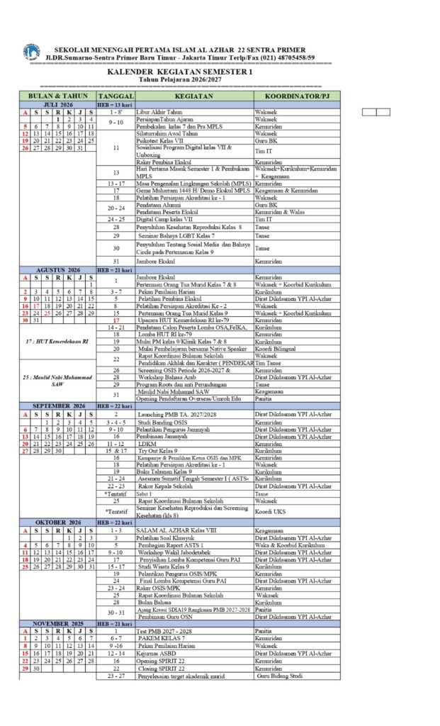 Kalender Kegiatan Semester 1