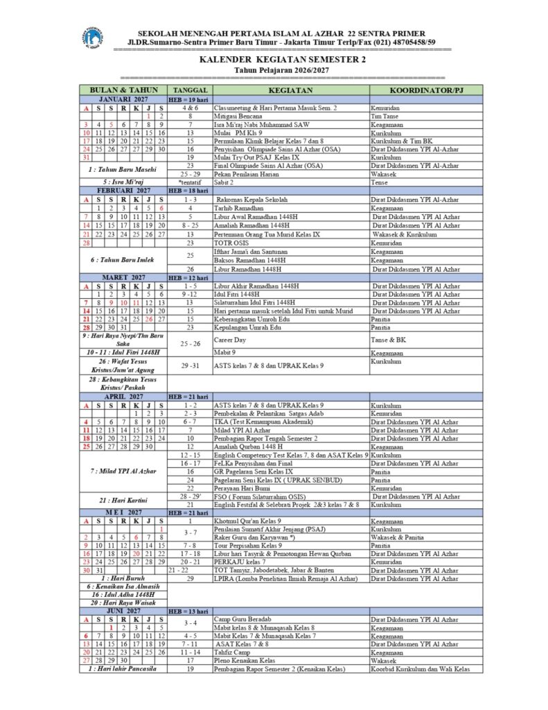 Kalender Kegiatan Semester 2